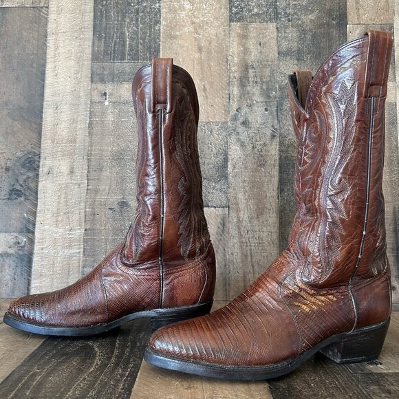 Dan Post Brown Teju Lizard Vibram Sole Moto Cowboy Boots Mens 9.5 D - Picture 2 of 12
